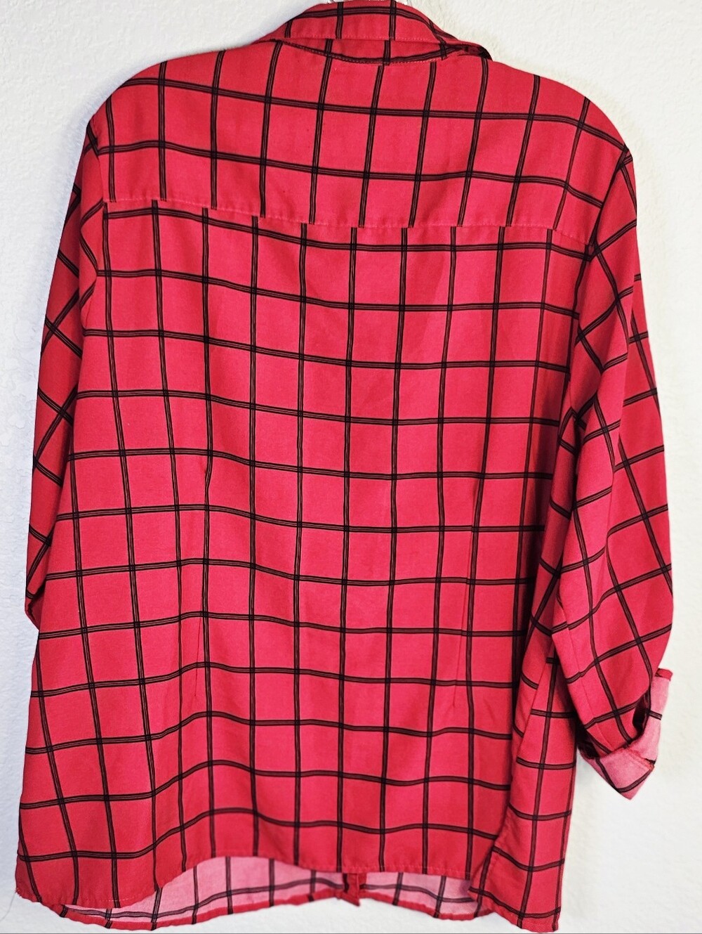 Kim Rogers Curvy 2X Red Black Windowpane Plaid Button-Up Blouse Roll Tab Sleeves - Picture 3 of 4